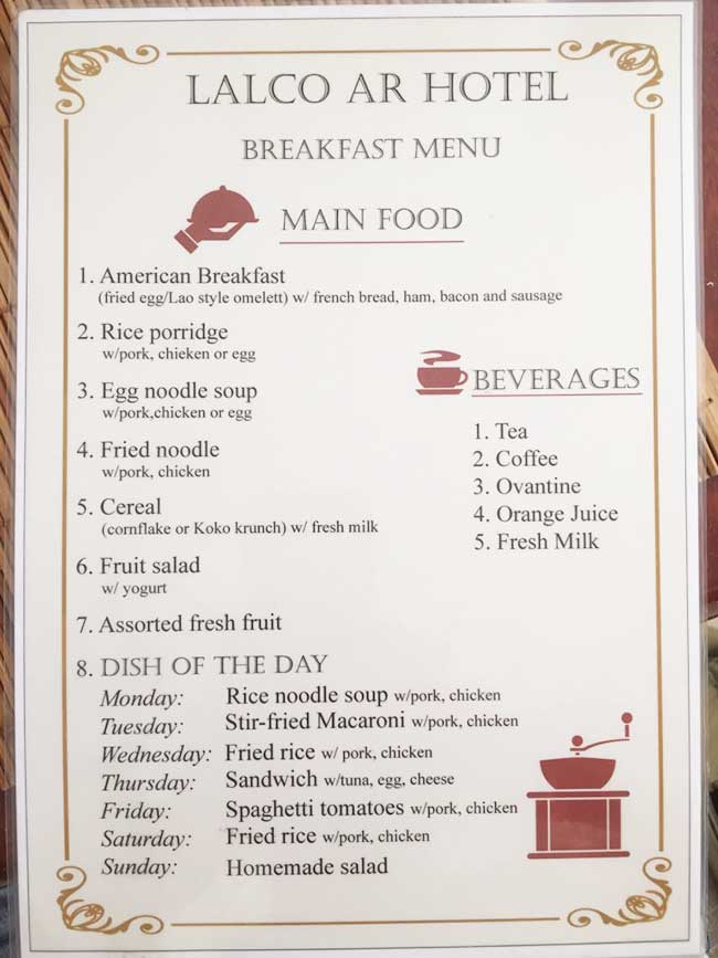 Best Hotel Vientiane Laos Lalco AR Breakfast Menu