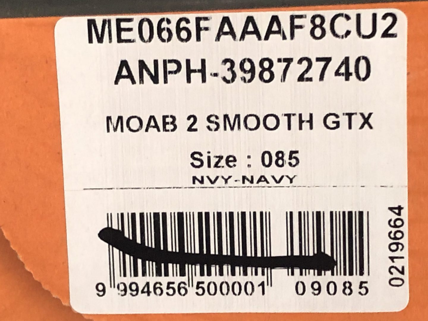 Merrell MOAB 2 Gore-Tex Navy Marine Bar Code on Box