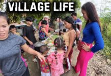 Eating Birthday Cake and Goat Kaldereta in Philippines Village Eating at Birthday Party in Philippines Village
