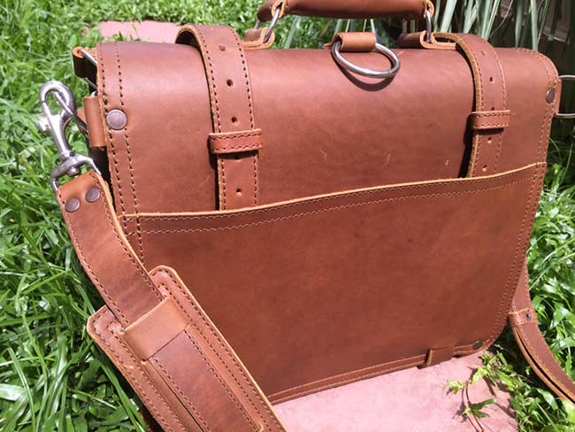 Saddleback Leather Classic Briefcase - Large - Tobacco - The Most Interesting Travel Bag - View of Back in Sunlight