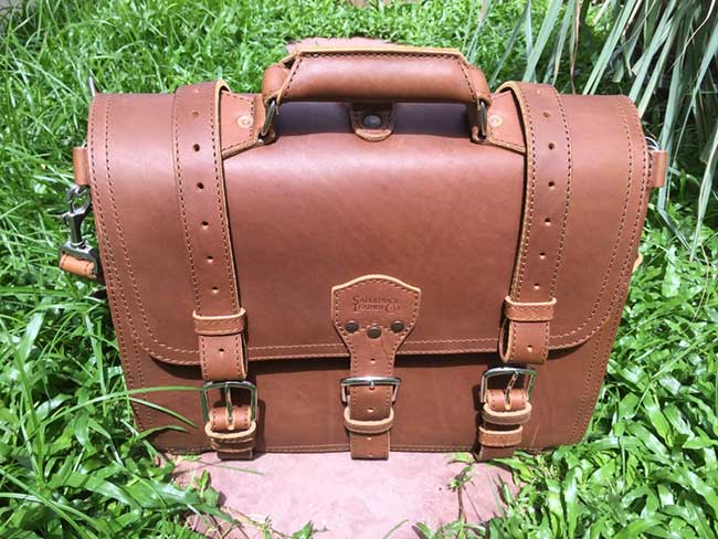 Saddleback Leather Classic Briefcase - Large - Tobacco - The Most Interesting Travel Bag - View in Sunlight Outside